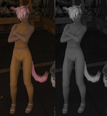 An example image of a Miqo'te wearing an outfit dyed a slightly different brown from her skin color, with a second image of the same Miqo'te in black and white to show how the value of the dye is approximately the same so the outfit blends in with her skin